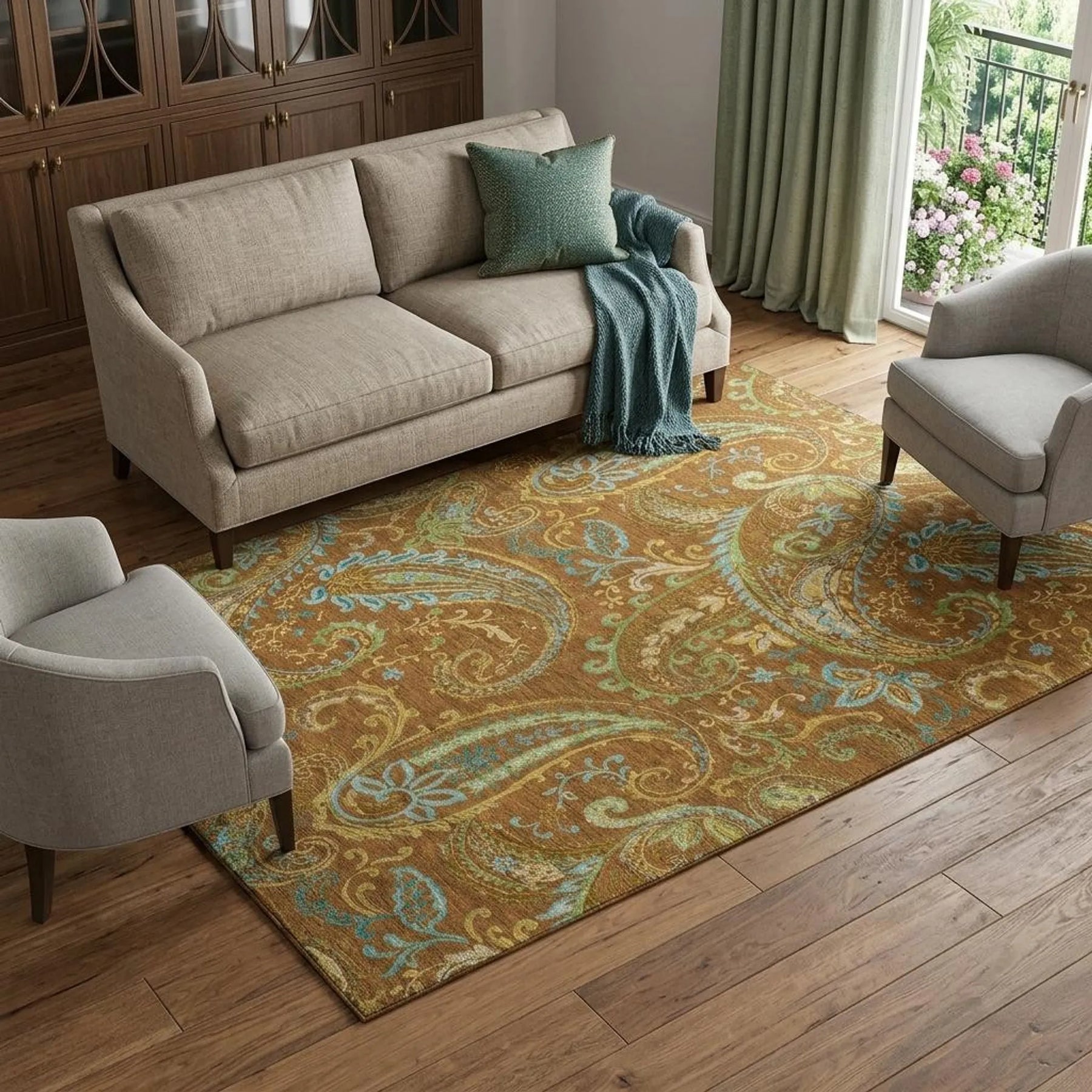 9′ X 12′ Rust Blue And Green Paisley Washable Area Rug With UV Protection