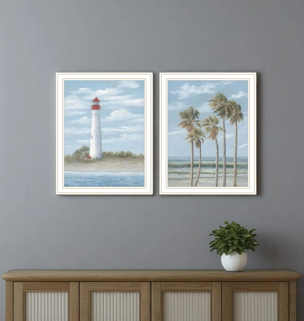 Set Of Two Cape May Lighthouse And Palm Trees White Framed Wall Art