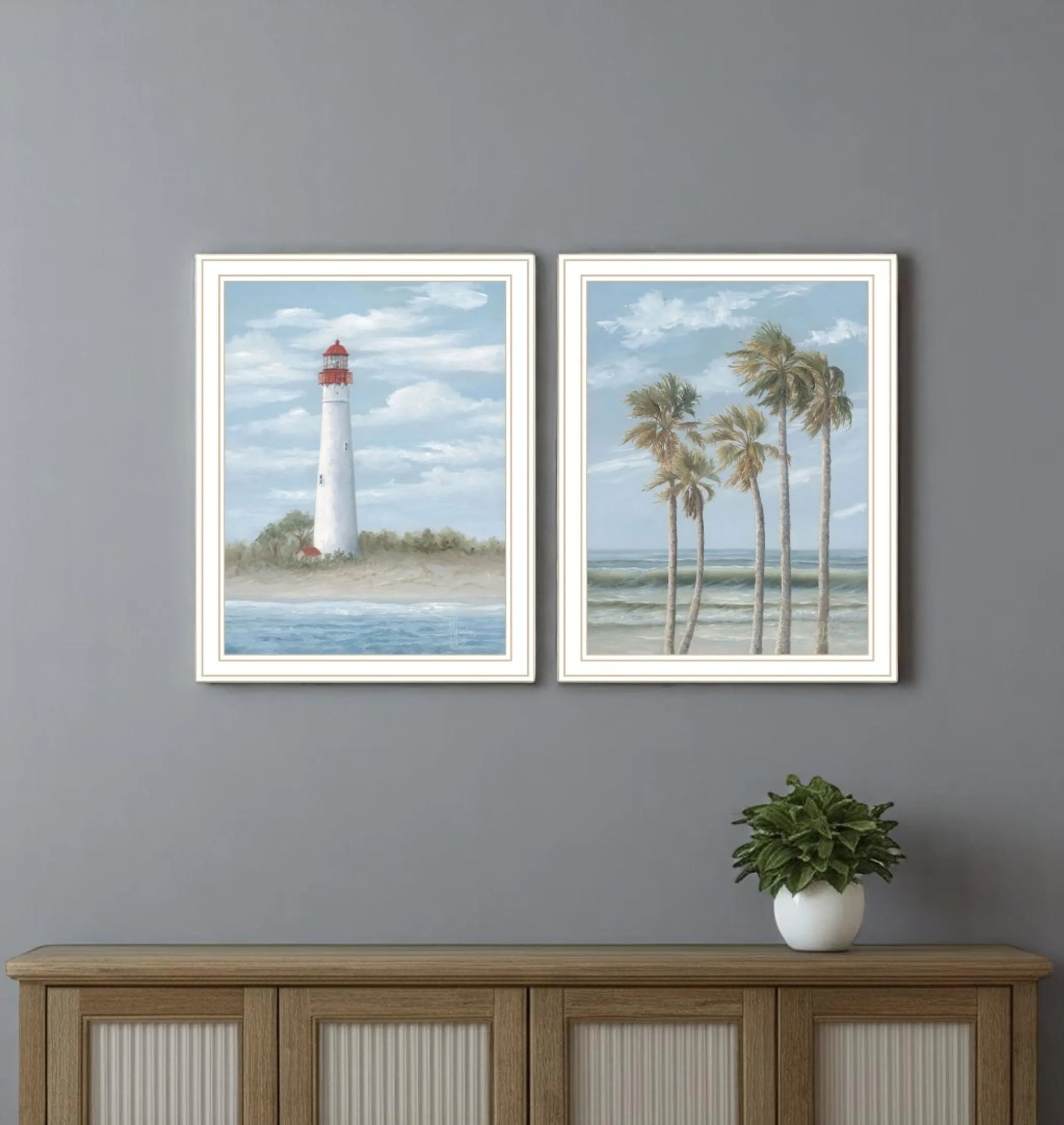 Set Of Two Cape May Lighthouse And Palm Trees White Framed Wall Art