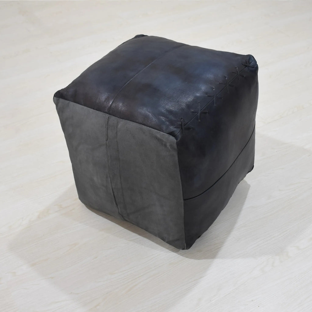 Solid Handmade Goat Leather Square Pouf (Recycled Cotton Fill) — view 4