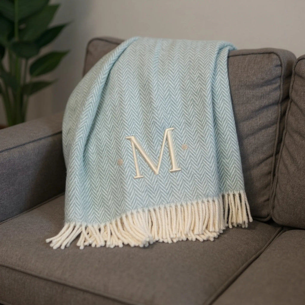 Herringbone Cotton Blend M Initial Throw Blanket with Tassels And Embroidery — view 2