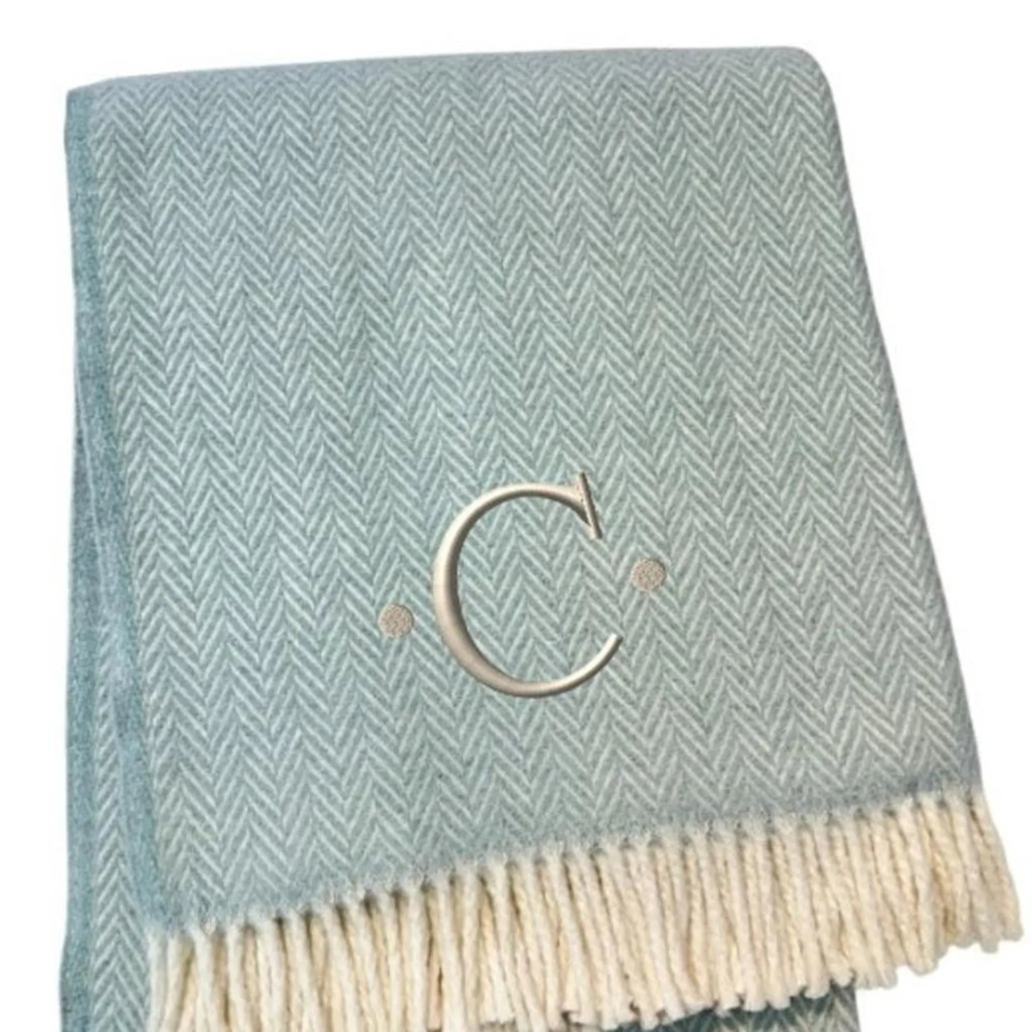 Herringbone Cotton Blend C Initial Throw Blanket with Tassels And Embroidery — view 4