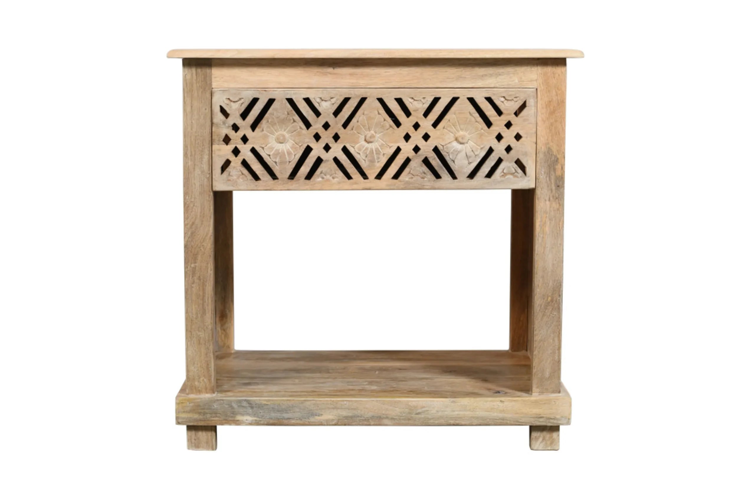 28″ Natural Solid Wood Carved Geometric One Drawer Nightstand — view 4