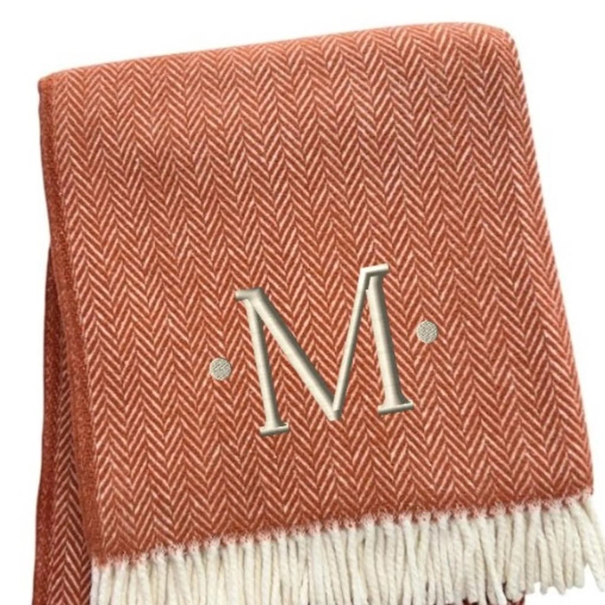 Herringbone Cotton Blend M Initial Throw Blanket with Tassels And Embroidery — view 4