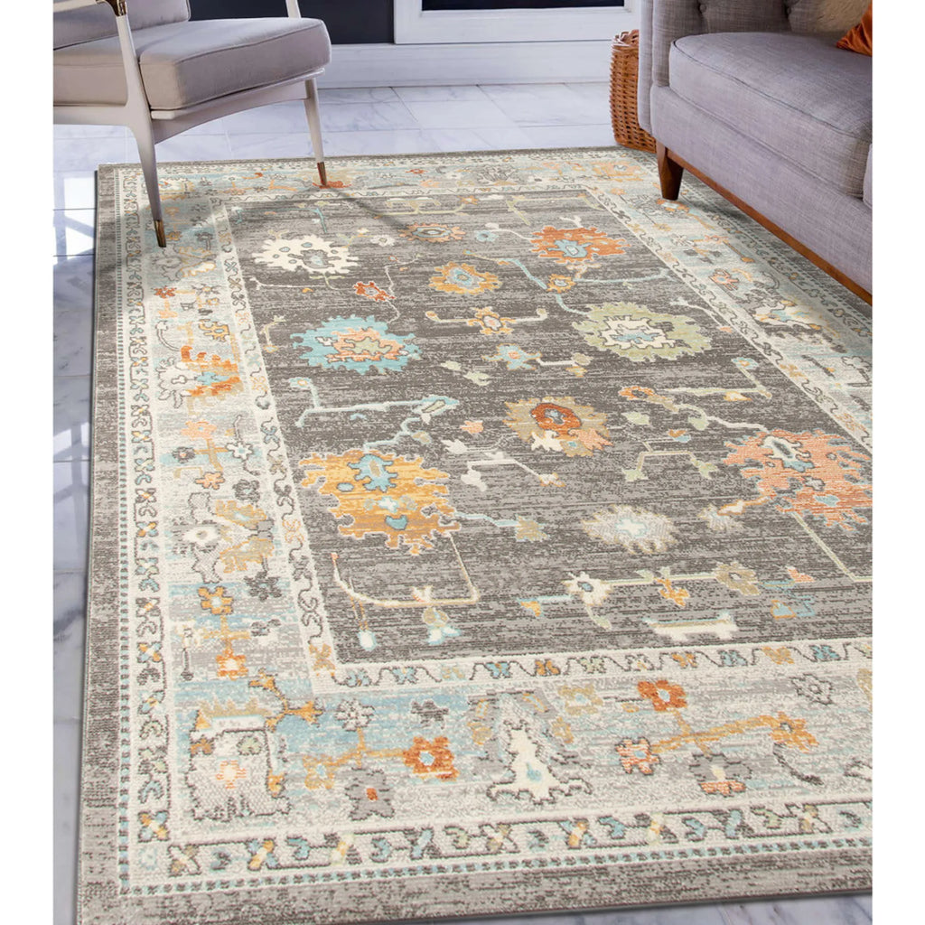9′ X 12′ Gray and Orange Floral Stain Resistant Indoor Outdoor Area Rug — view 3