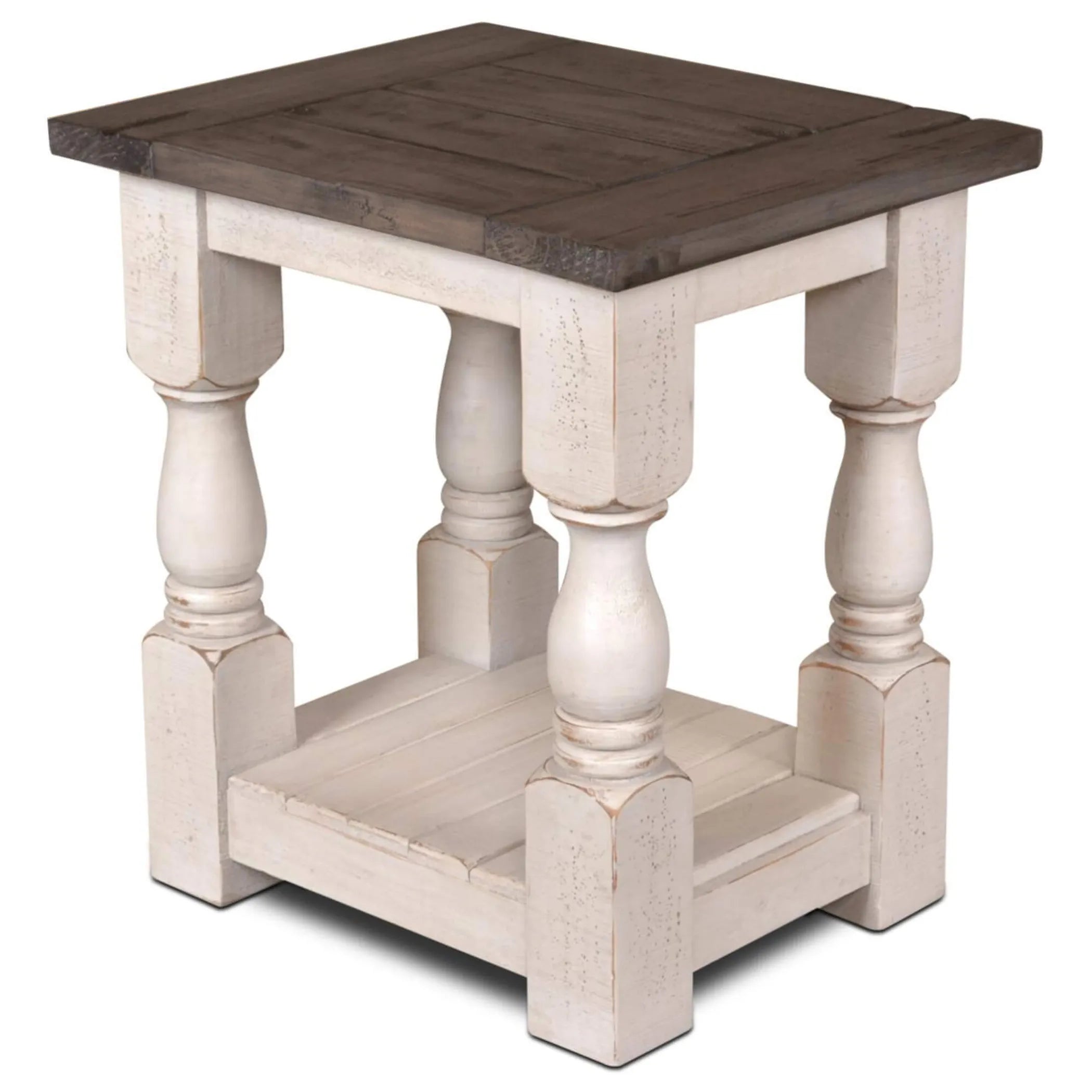 Sunset Trading Rustic French Rectangular Side End Table | Distressed White and Brown Solid Wood | Living Room Furniture