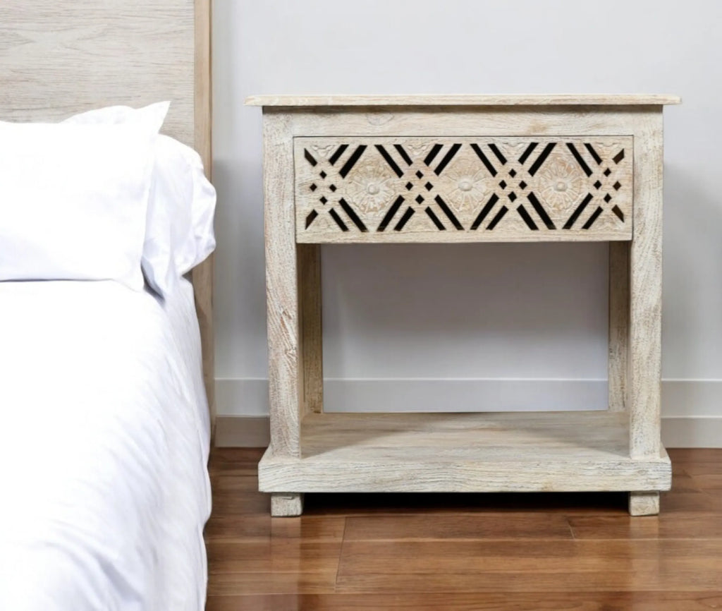 28″ White Distressed Carved Geometric Solid Wood Nightstand