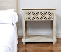 28″ White Distressed Carved Geometric Solid Wood Nightstand
