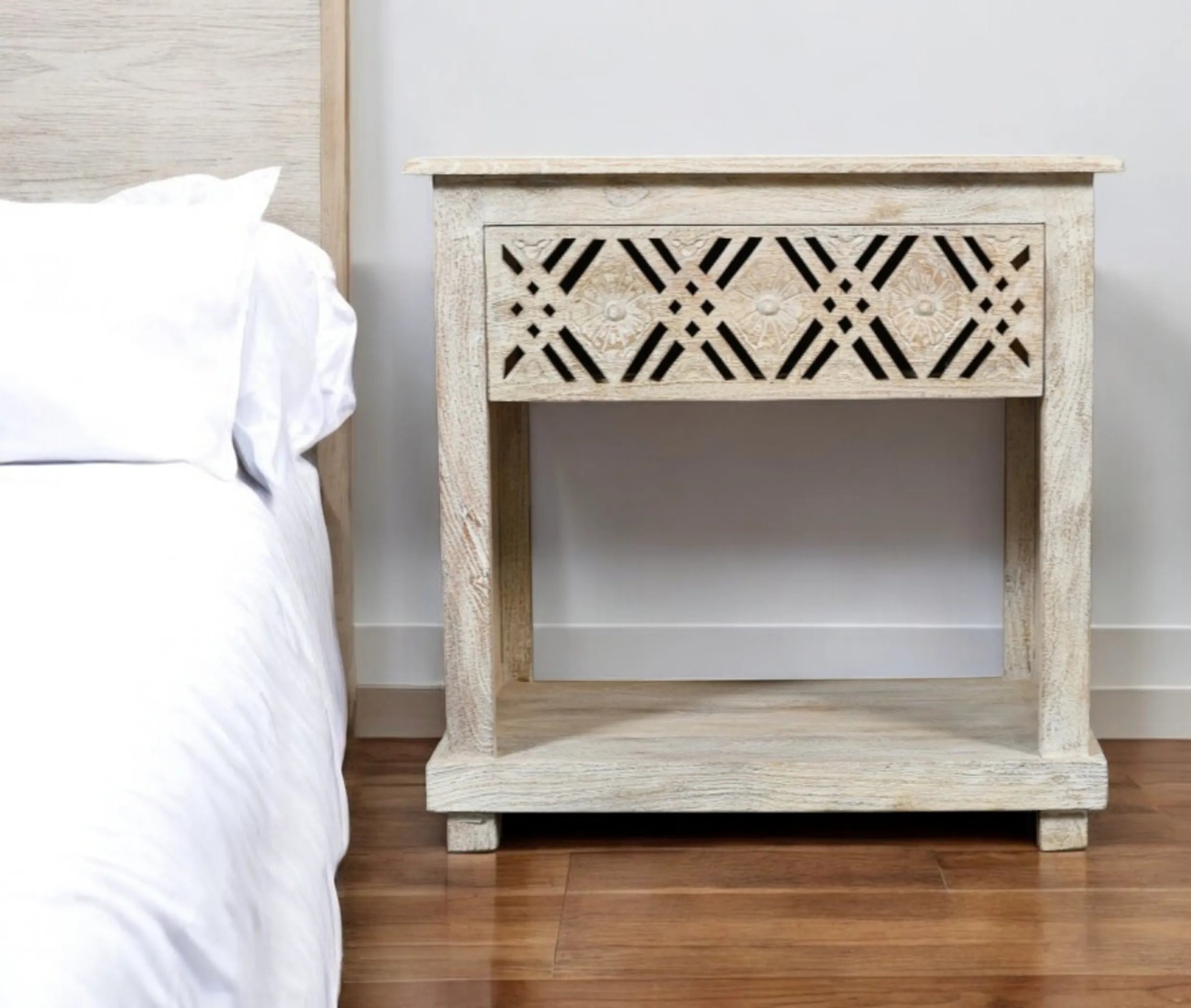 28″ White Distressed Carved Geometric Solid Wood Nightstand