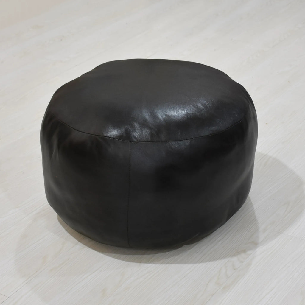Solid Handmade Goat Leather Round Pouf (Recycled Cotton Fill) — view 2