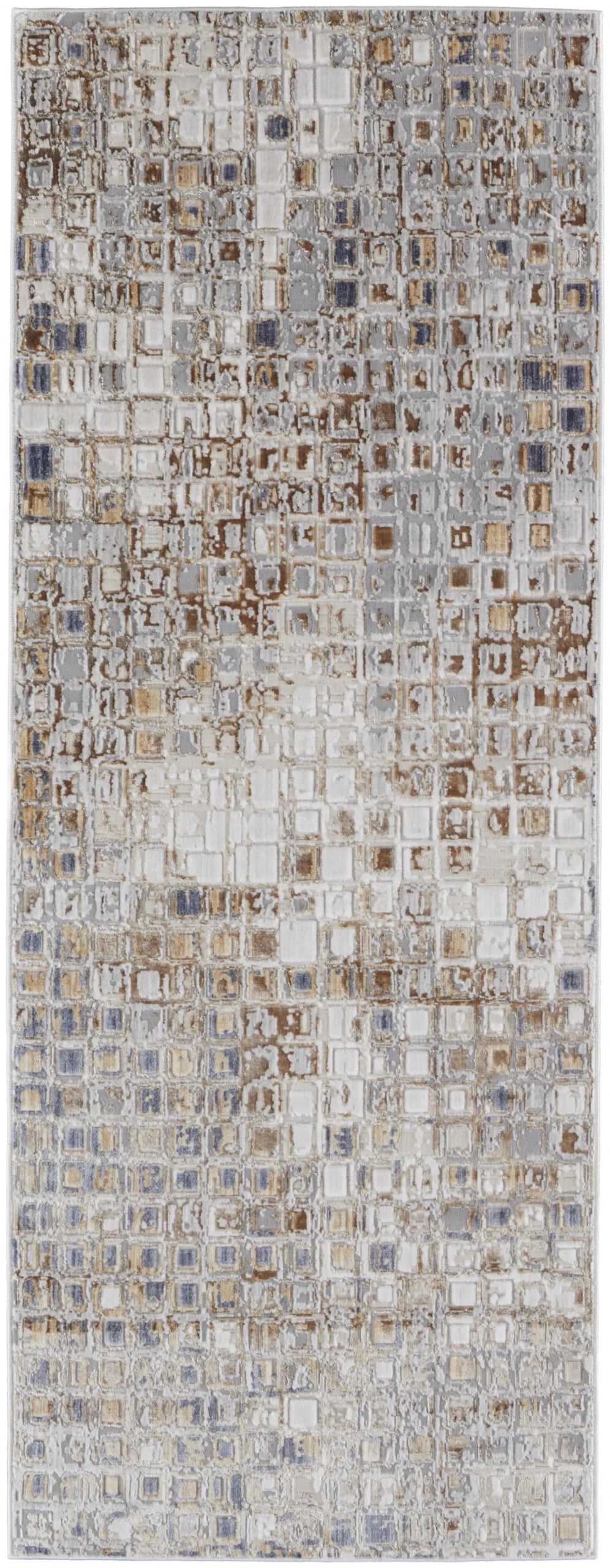10′ Tan Ivory And Blue Geometric Power Loom Distressed Runner Rug