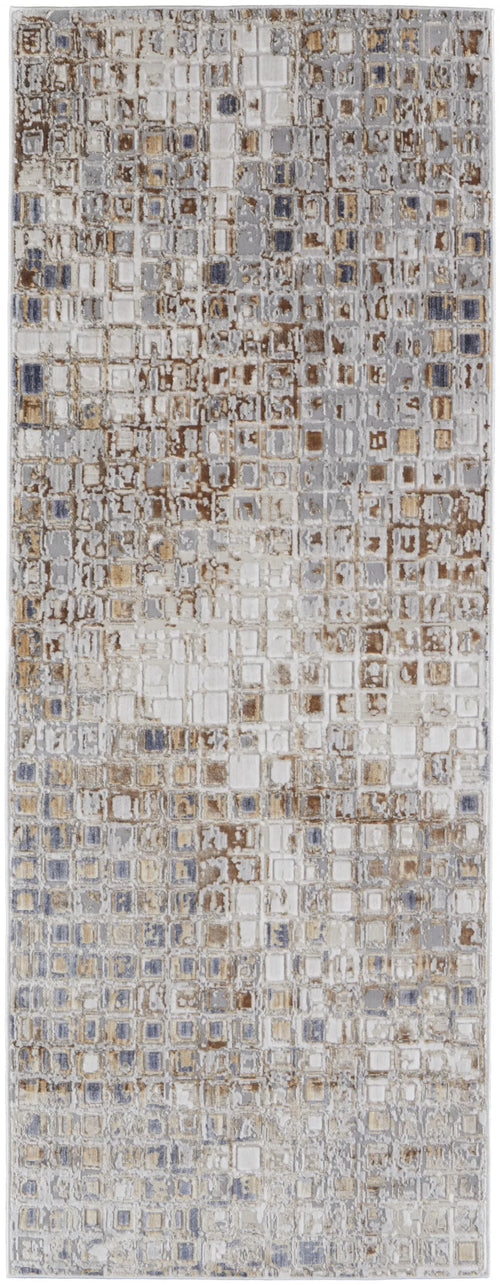 10′ Tan Ivory And Blue Geometric Power Loom Distressed Runner Rug