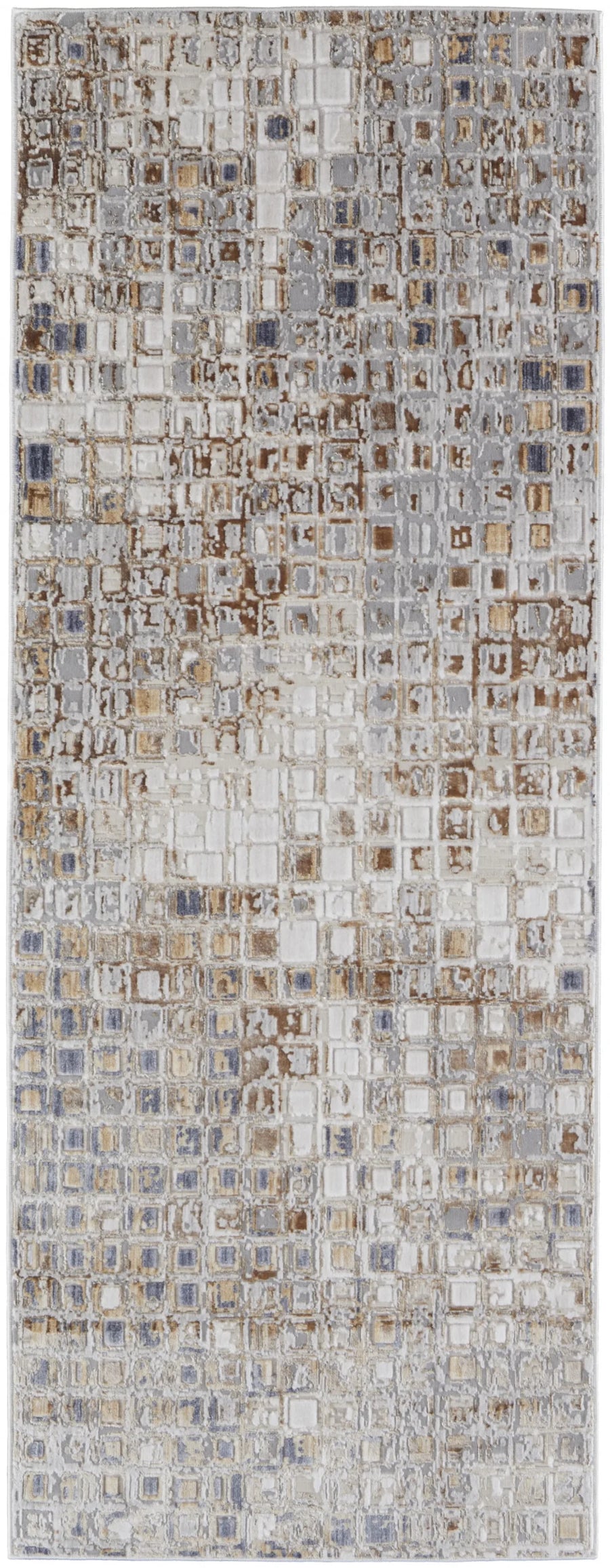 10′ Tan Ivory And Blue Geometric Power Loom Distressed Runner Rug