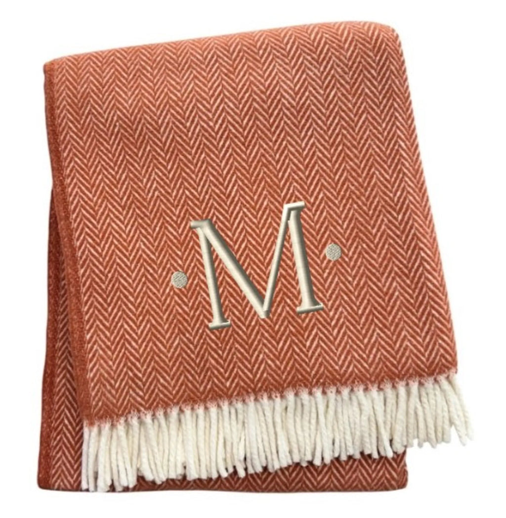 Herringbone Cotton Blend M Initial Throw Blanket with Tassels And Embroidery — view 3