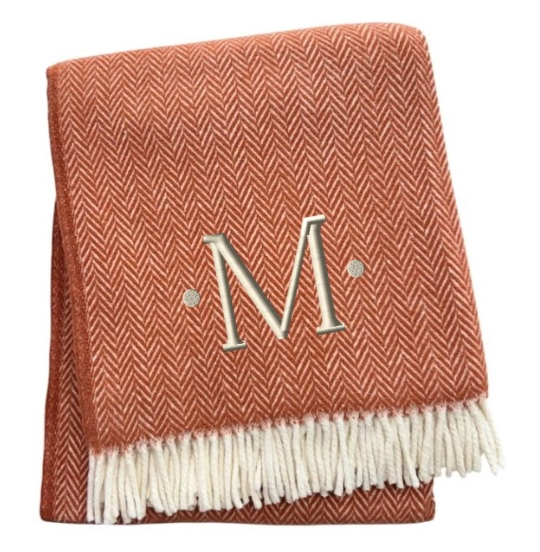 Herringbone Cotton Blend M Initial Throw Blanket with Tassels And Embroidery — view 3