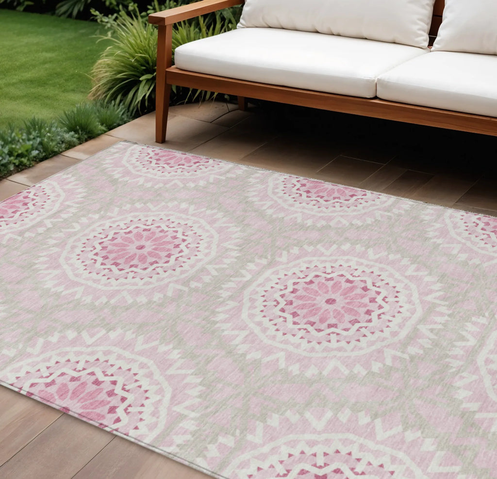 10′ X 14′ Pink Blush And Ivory Floral Medallion Washable Indoor Outdoor Area Rug