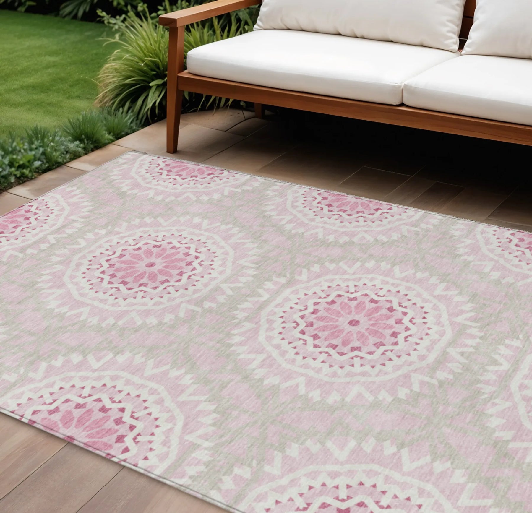 10′ X 14′ Pink Blush And Ivory Floral Medallion Washable Indoor Outdoor Area Rug