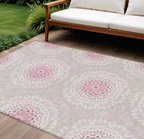 10′ X 14′ Pink Blush And Ivory Floral Medallion Washable Indoor Outdoor Area Rug
