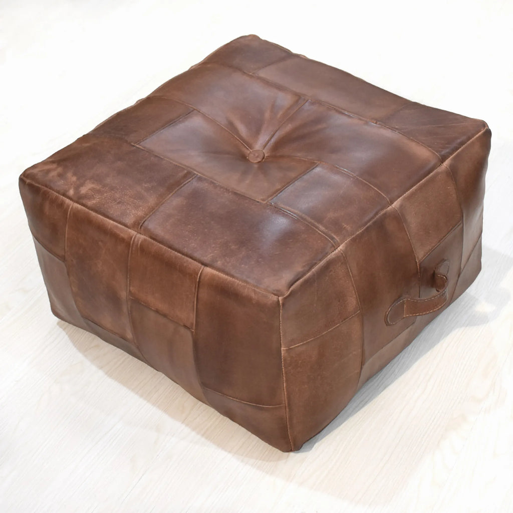 Solid Handmade Buffalo Leather Square Pouf (Recycled Foam with Fibre Fill) — view 2