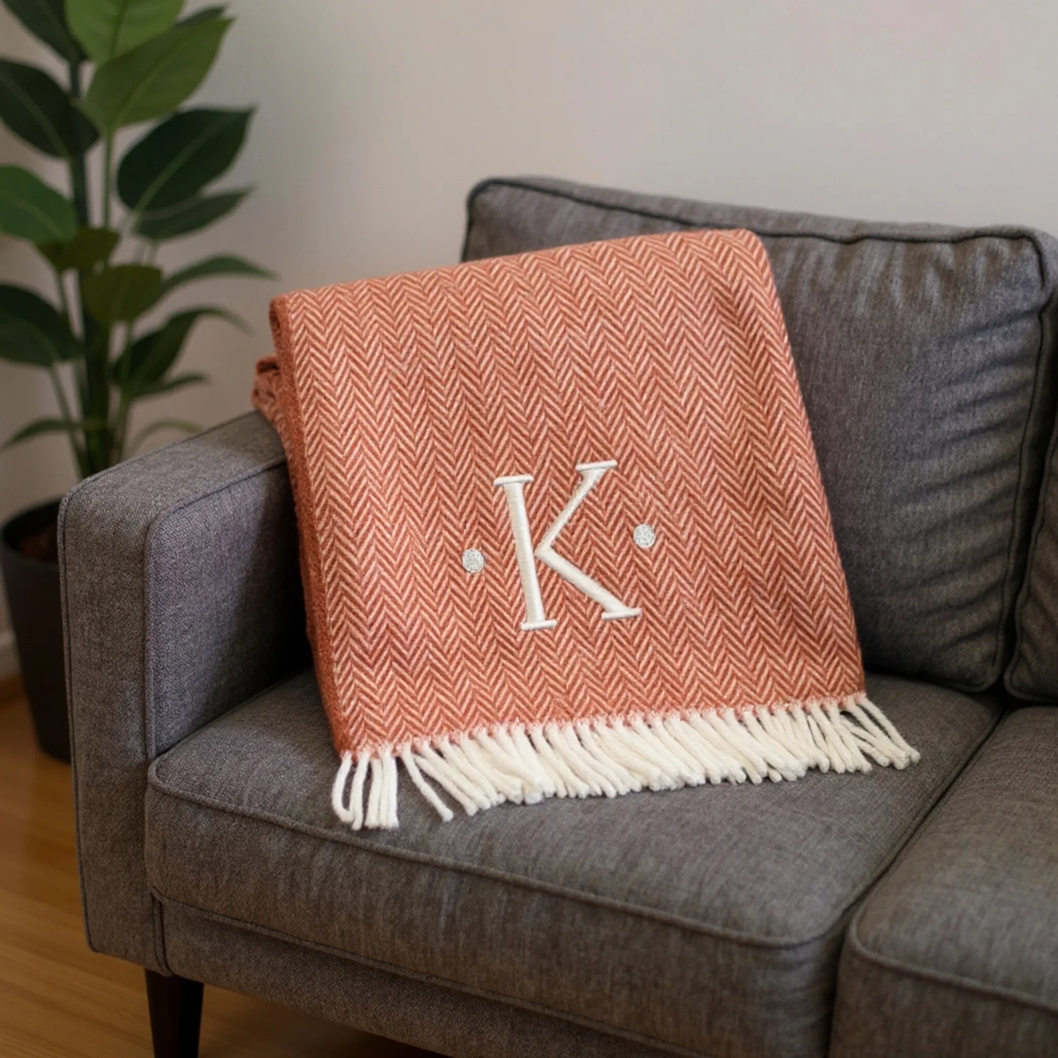 Herringbone Cotton Blend K Initial Throw Blanket with Tassels And Embroidery — view 2