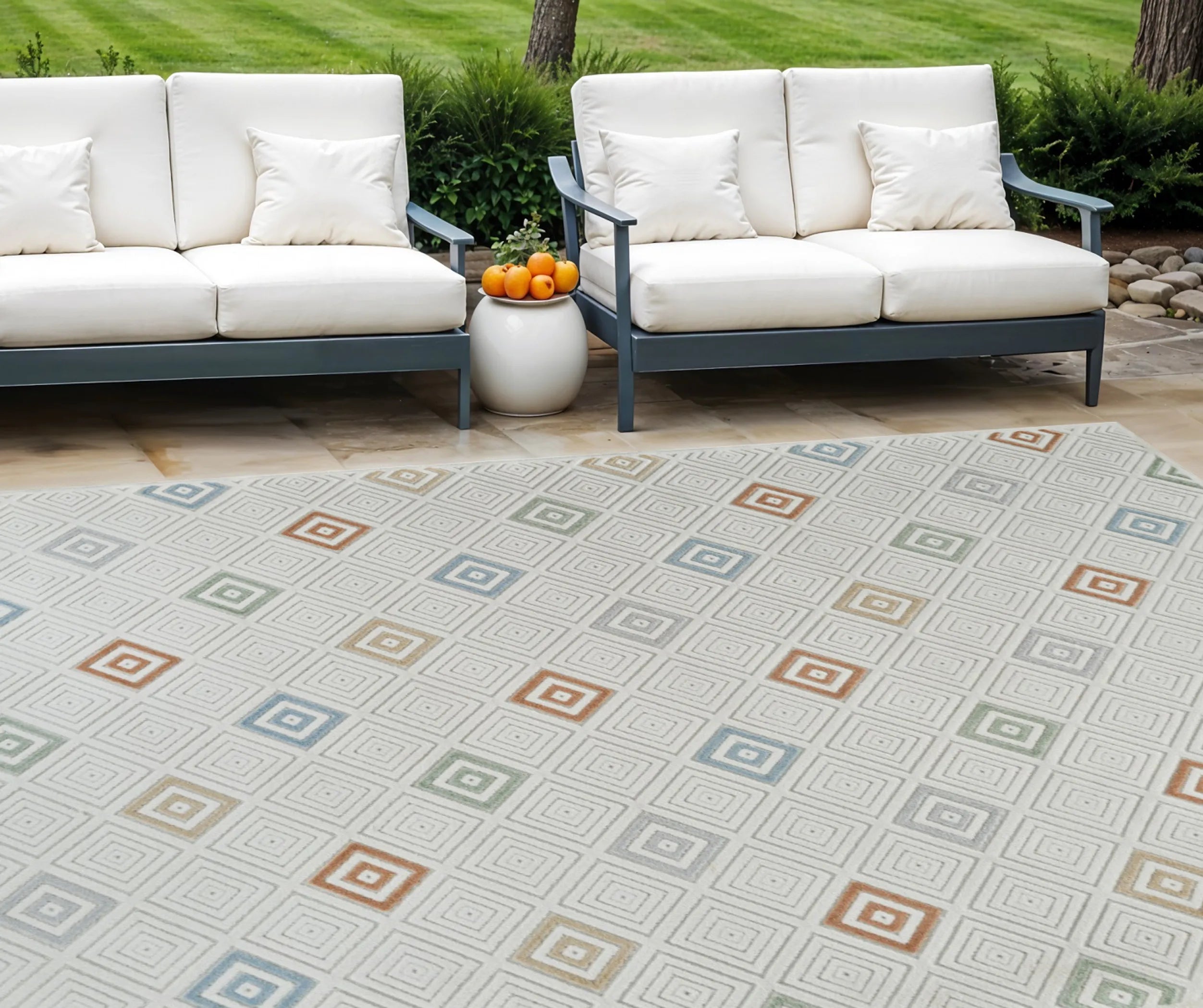 8′ X 10′ Cream and Beige Geometric Distressed Indoor Outdoor Area Rug