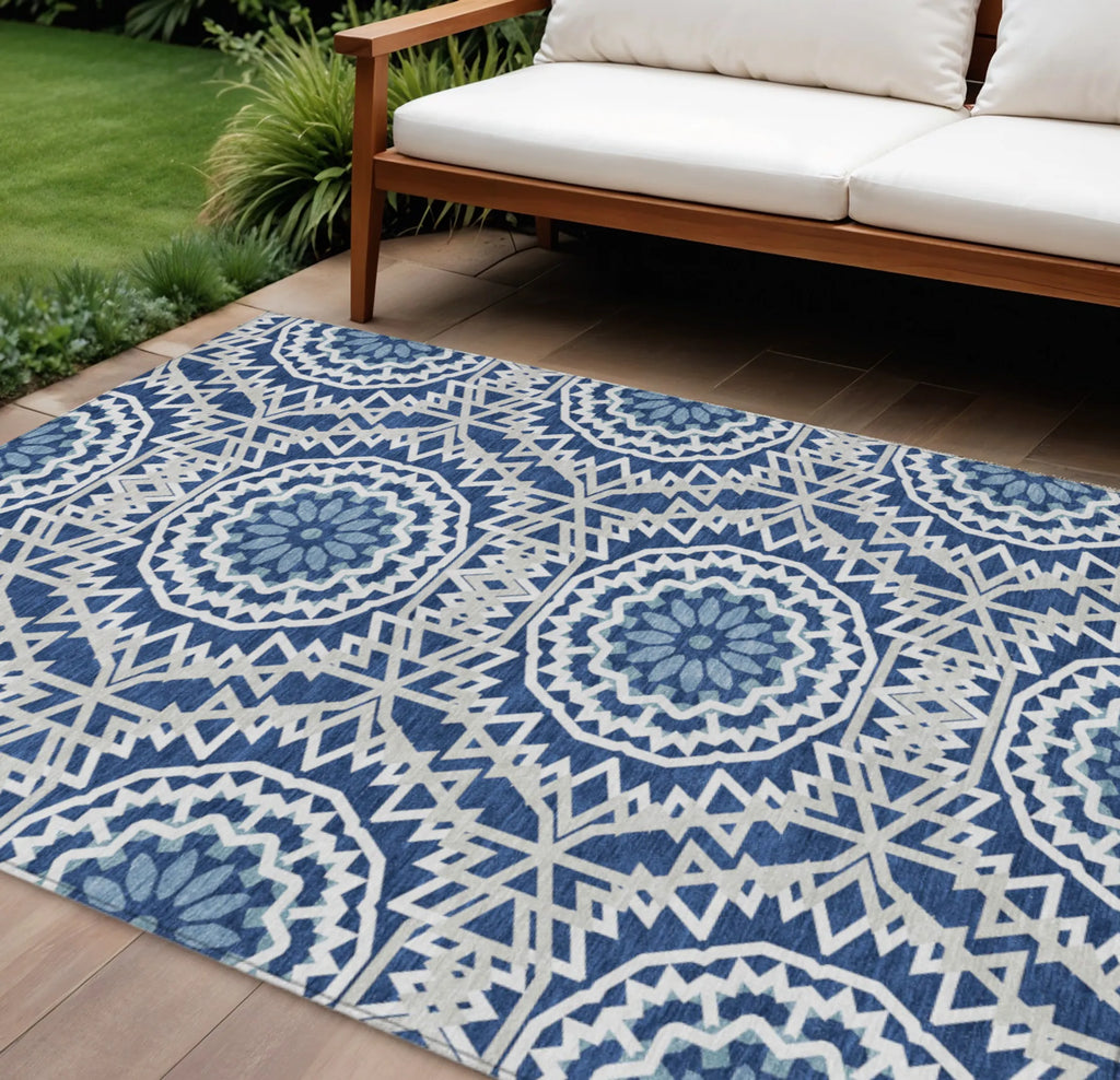 10′ X 14′ Navy Blue Ivory And Gray Floral Medallion Washable Indoor Outdoor Area Rug