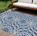 10′ X 14′ Navy Blue Ivory And Gray Floral Medallion Washable Indoor Outdoor Area Rug