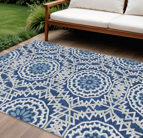 10′ X 14′ Navy Blue Ivory And Gray Floral Medallion Washable Indoor Outdoor Area Rug
