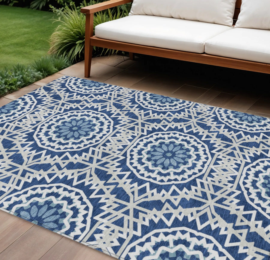 10′ X 14′ Navy Blue Ivory And Gray Floral Medallion Washable Indoor Outdoor Area Rug