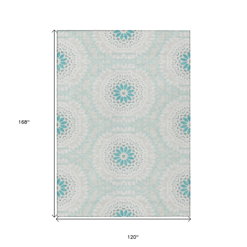 10′ X 14′ Teal Blue Beige And Ivory Floral Medallion Washable Indoor Outdoor Area Rug — view 3