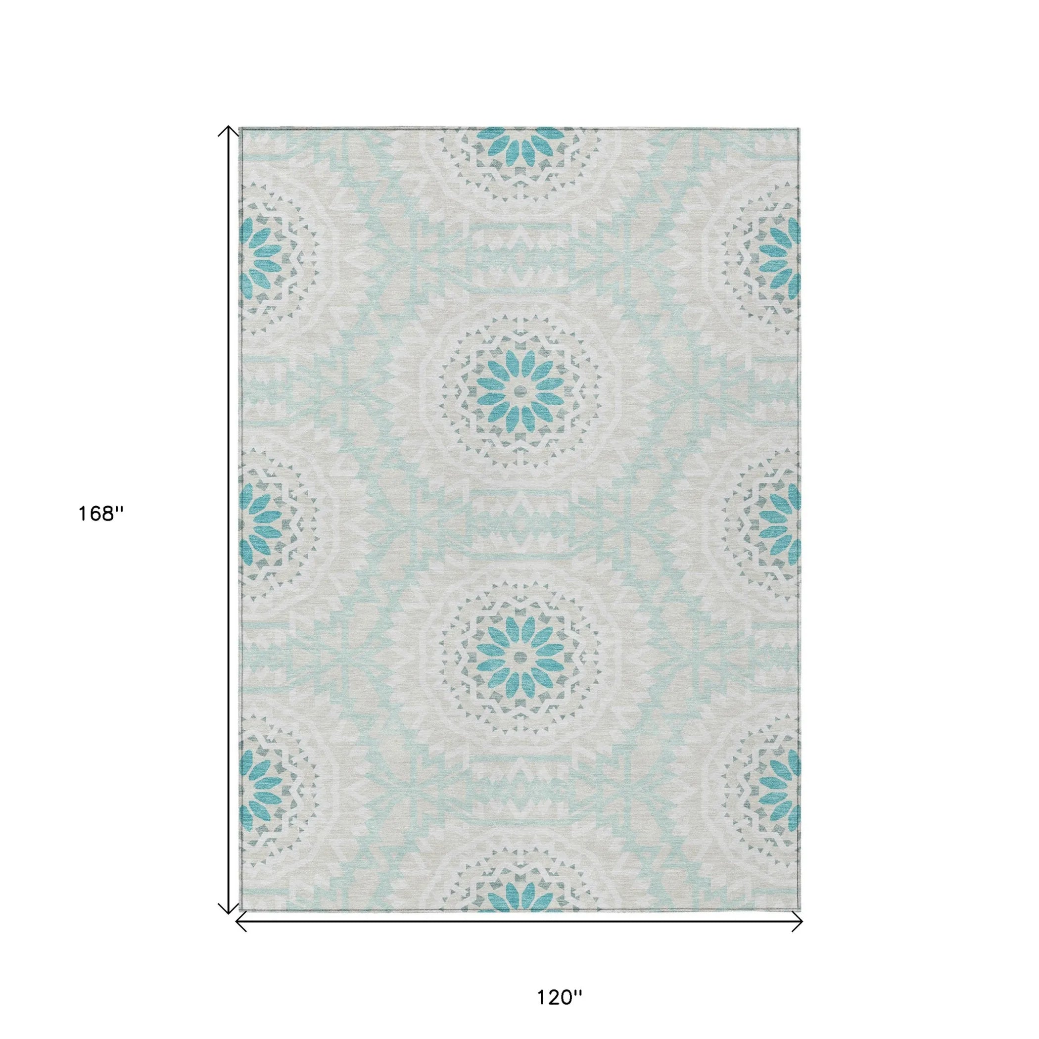 10′ X 14′ Teal Blue Beige And Ivory Floral Medallion Washable Indoor Outdoor Area Rug — view 3