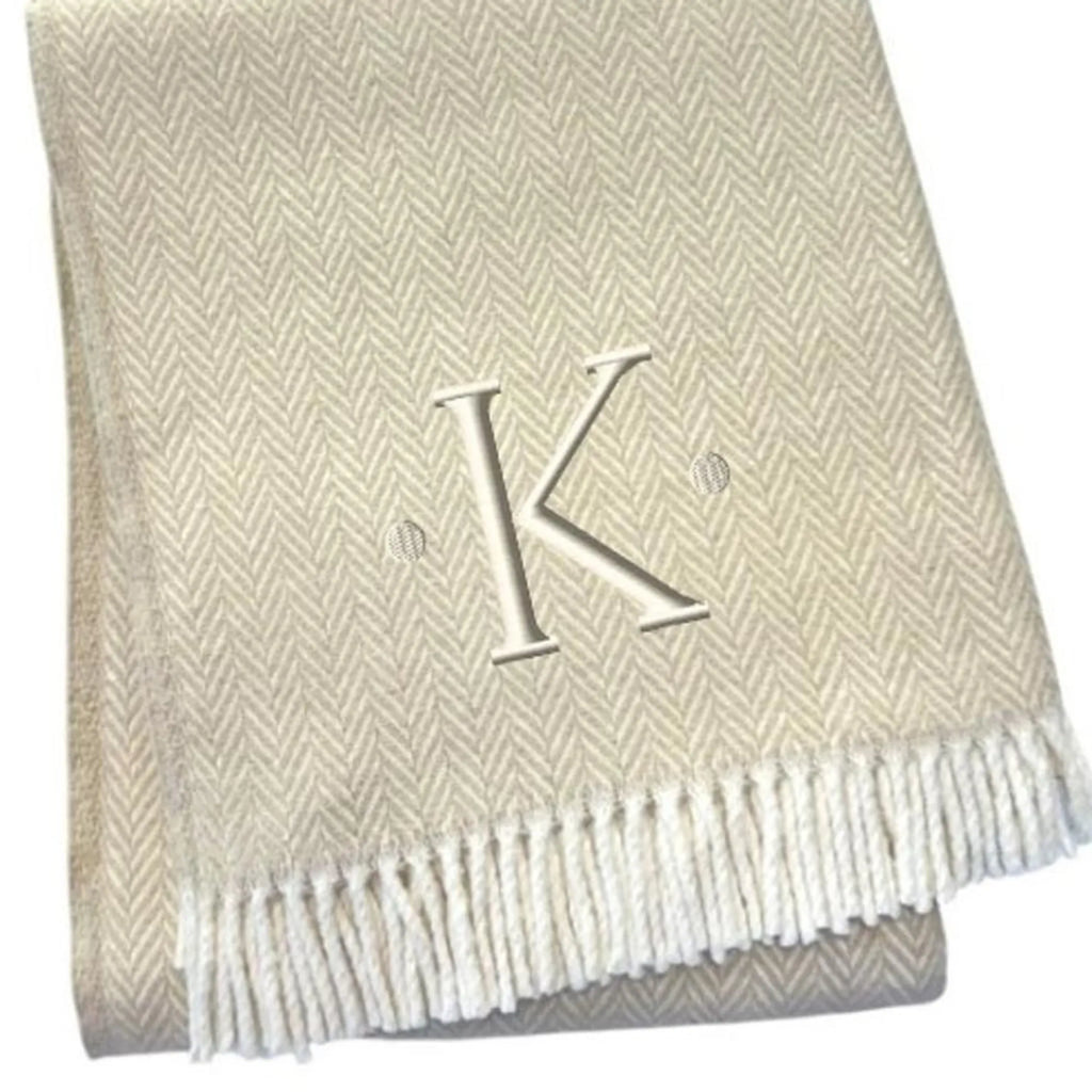Herringbone Cotton Blend K Initial Throw Blanket with Tassels And Embroidery — view 4