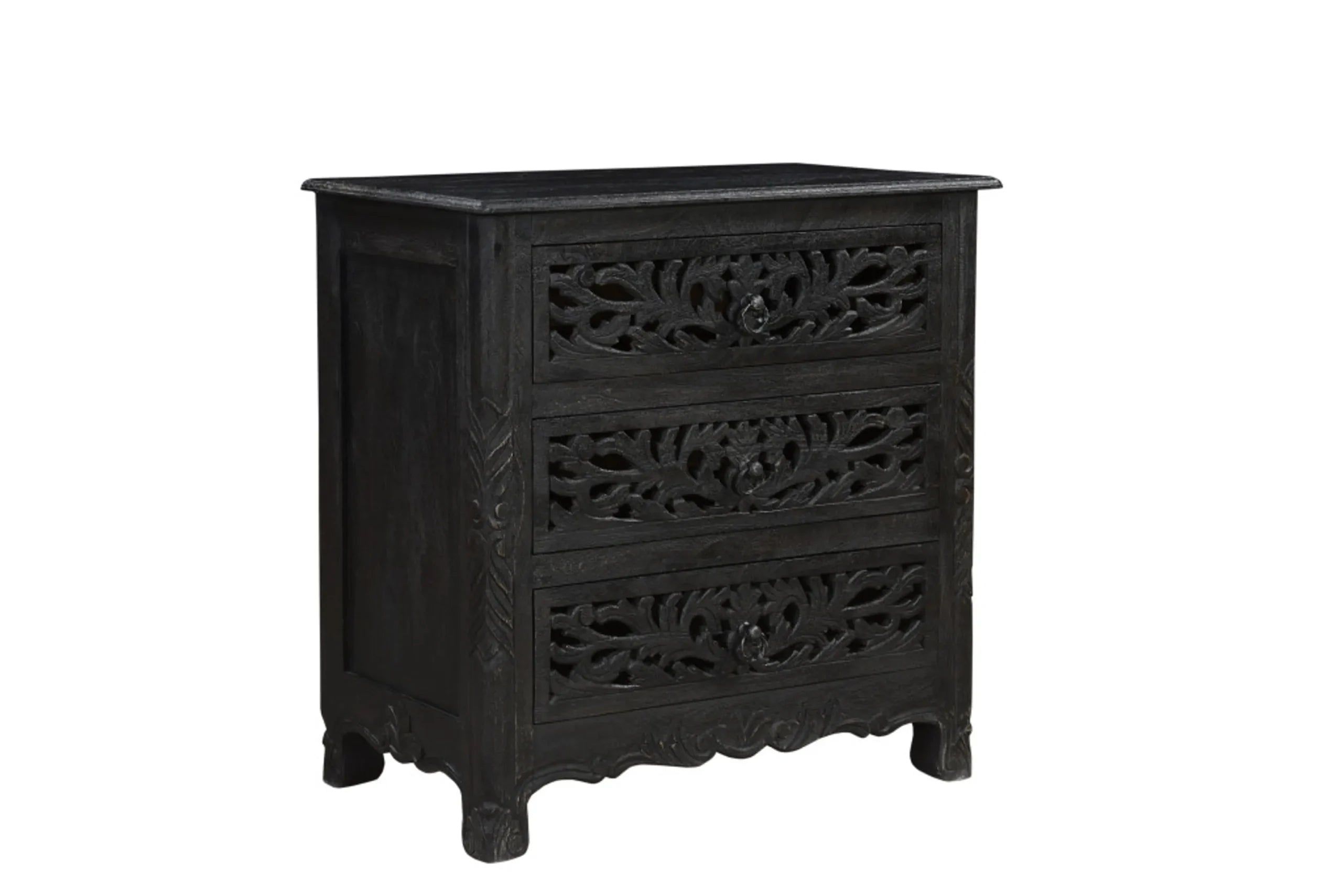 30″ Black Solid Wood Distressed Three Drawer Nightstand