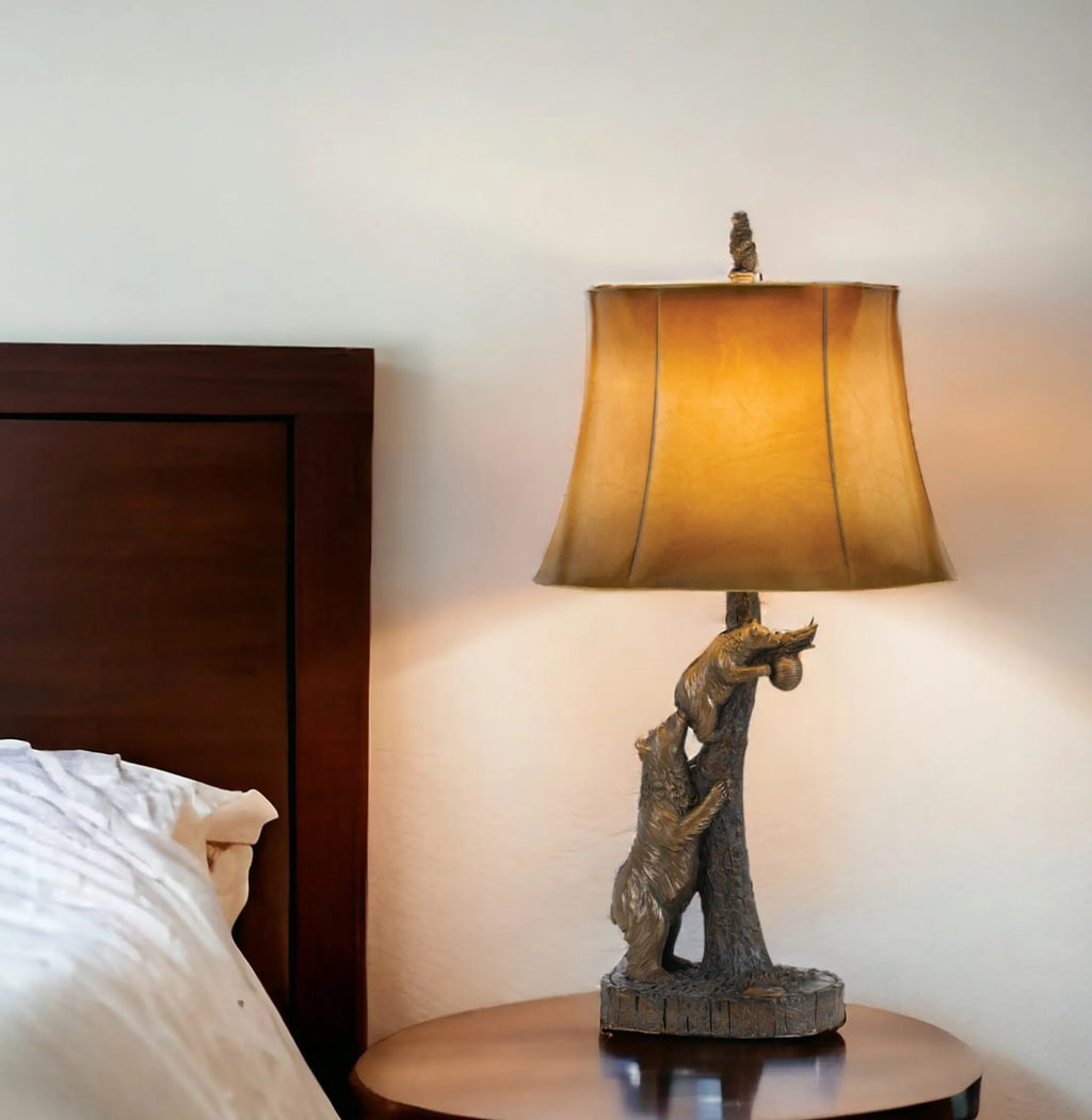 31″ Bronze Bears After the Honey Table Lamp With Brown Faux Leather Shade