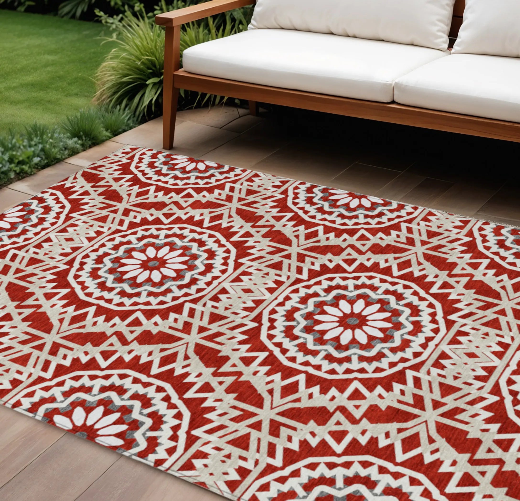 10′ X 14′ Red Beige And Ivory Floral Medallion Washable Indoor Outdoor Area Rug
