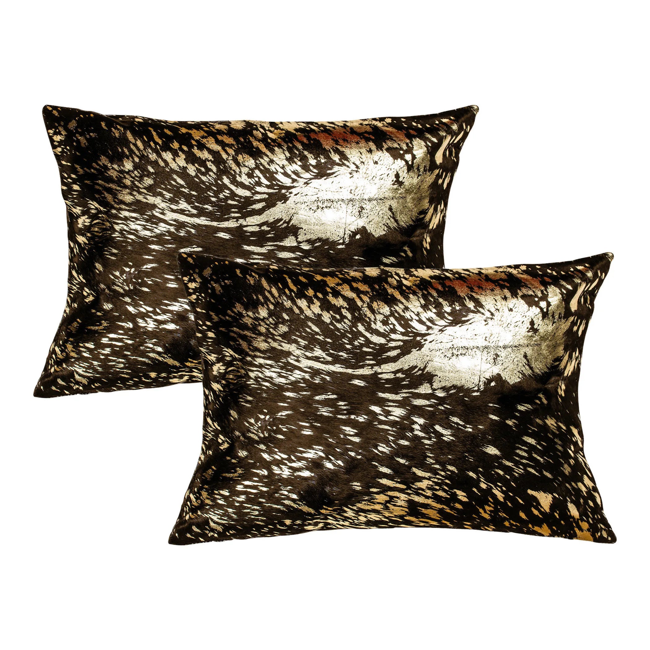 Set of Two 12″ X 20″ Chocolate and Gold Abstract Cowhide Lumbar Throw Pillows with Glitter — view 4