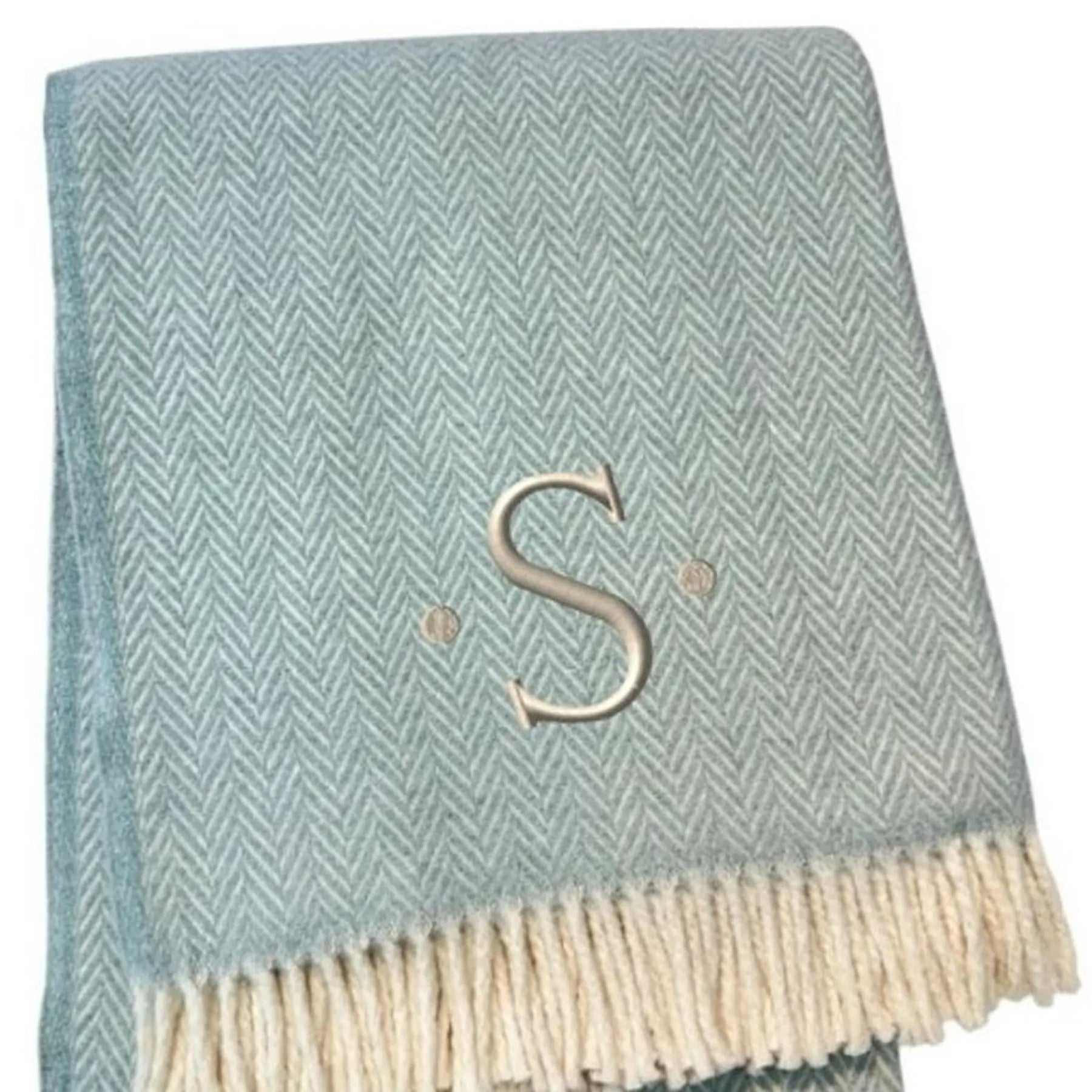 Herringbone Cotton Blend S Initial Throw Blanket with Tassels And Embroidery — view 4