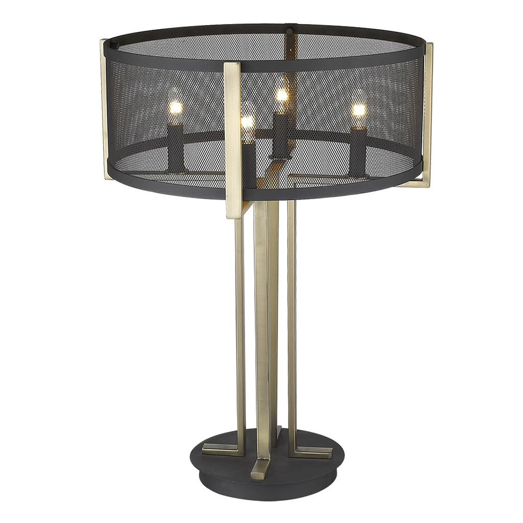 25″ Brass Metal Four Light Geometric Table Lamp With Black Drum Shade — view 4