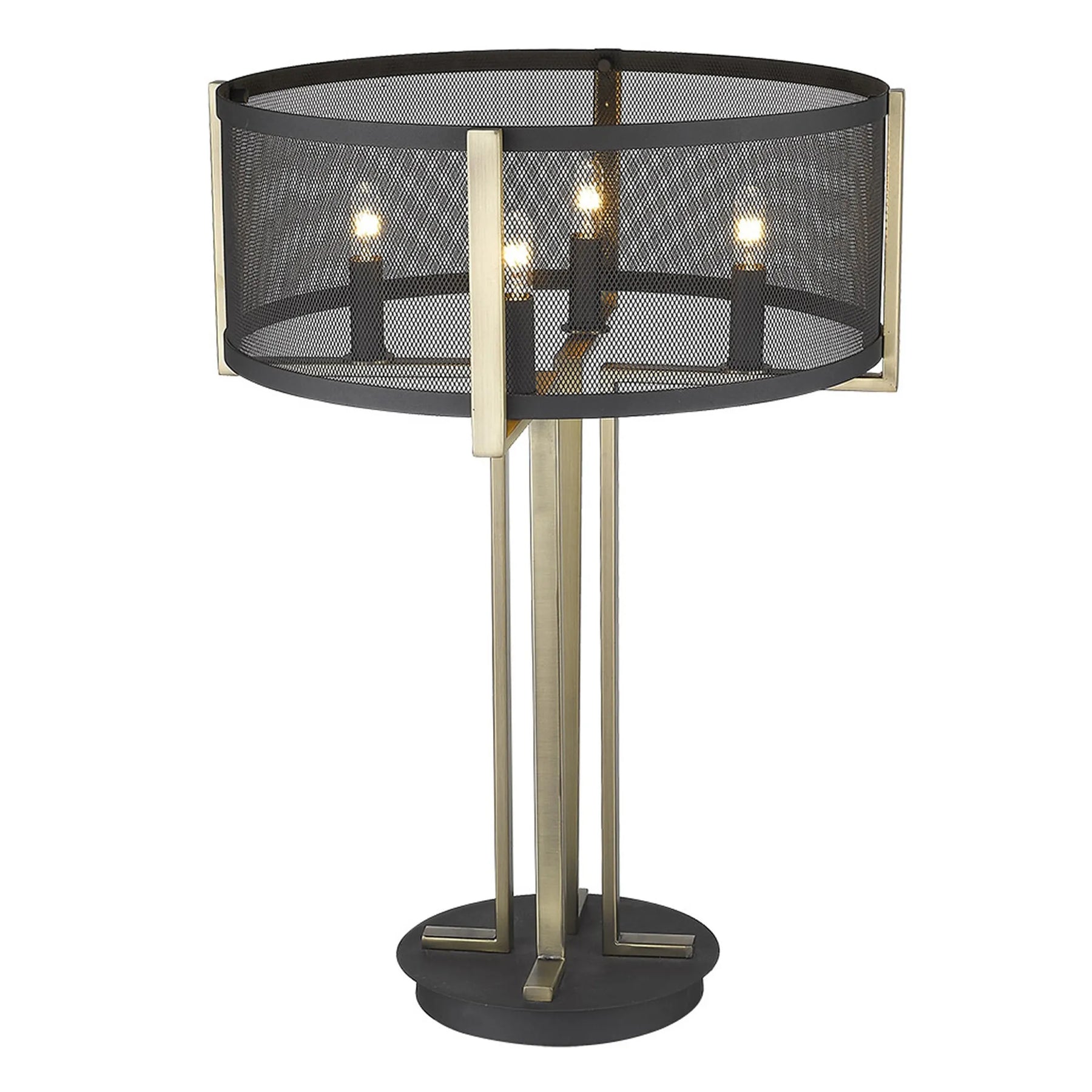 25″ Brass Metal Four Light Geometric Table Lamp With Black Drum Shade — view 4