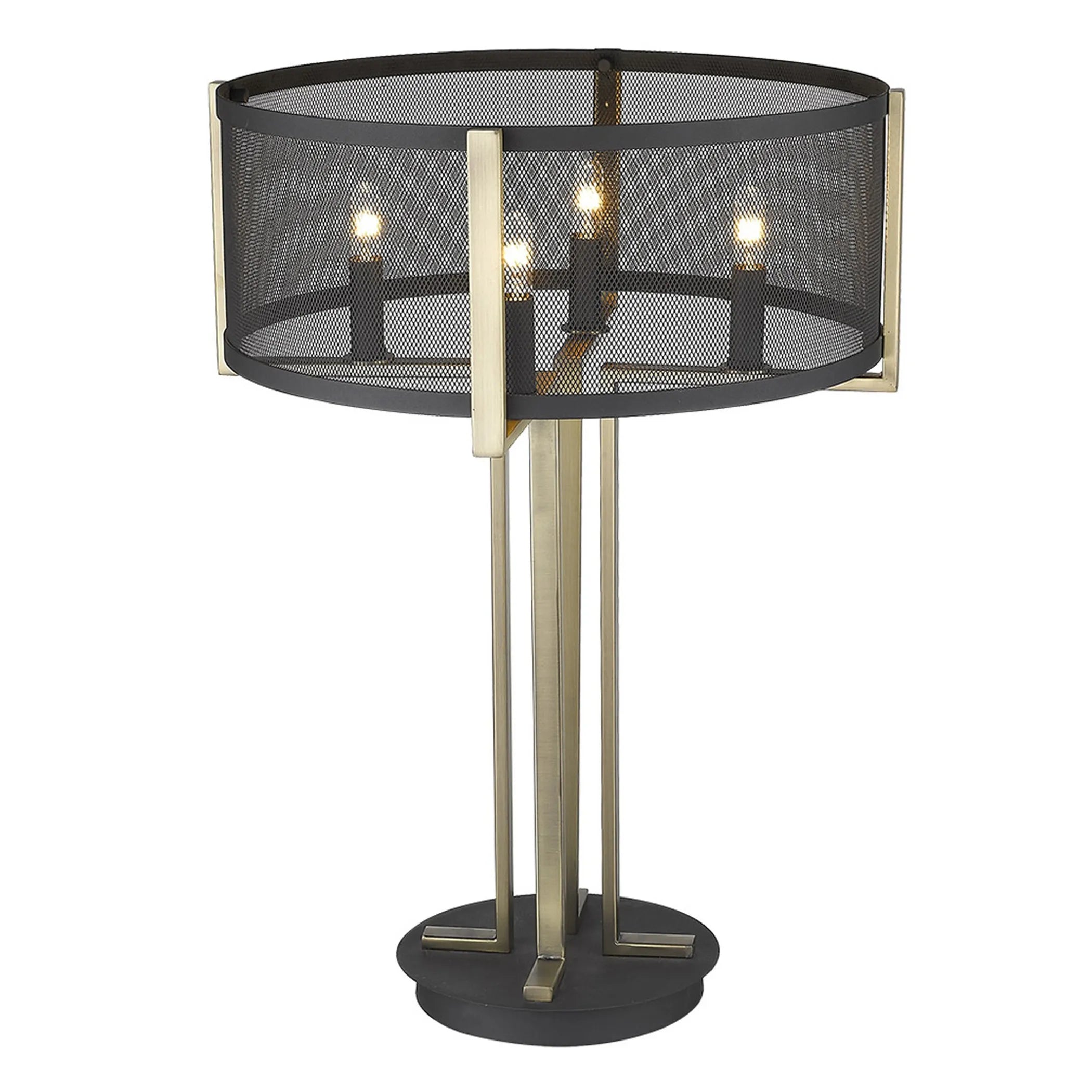 25″ Brass Metal Four Light Geometric Table Lamp With Black Drum Shade — view 4