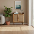 Distressed Solid Wood Inlaid Rattan Accent Cabinet With Two Doors