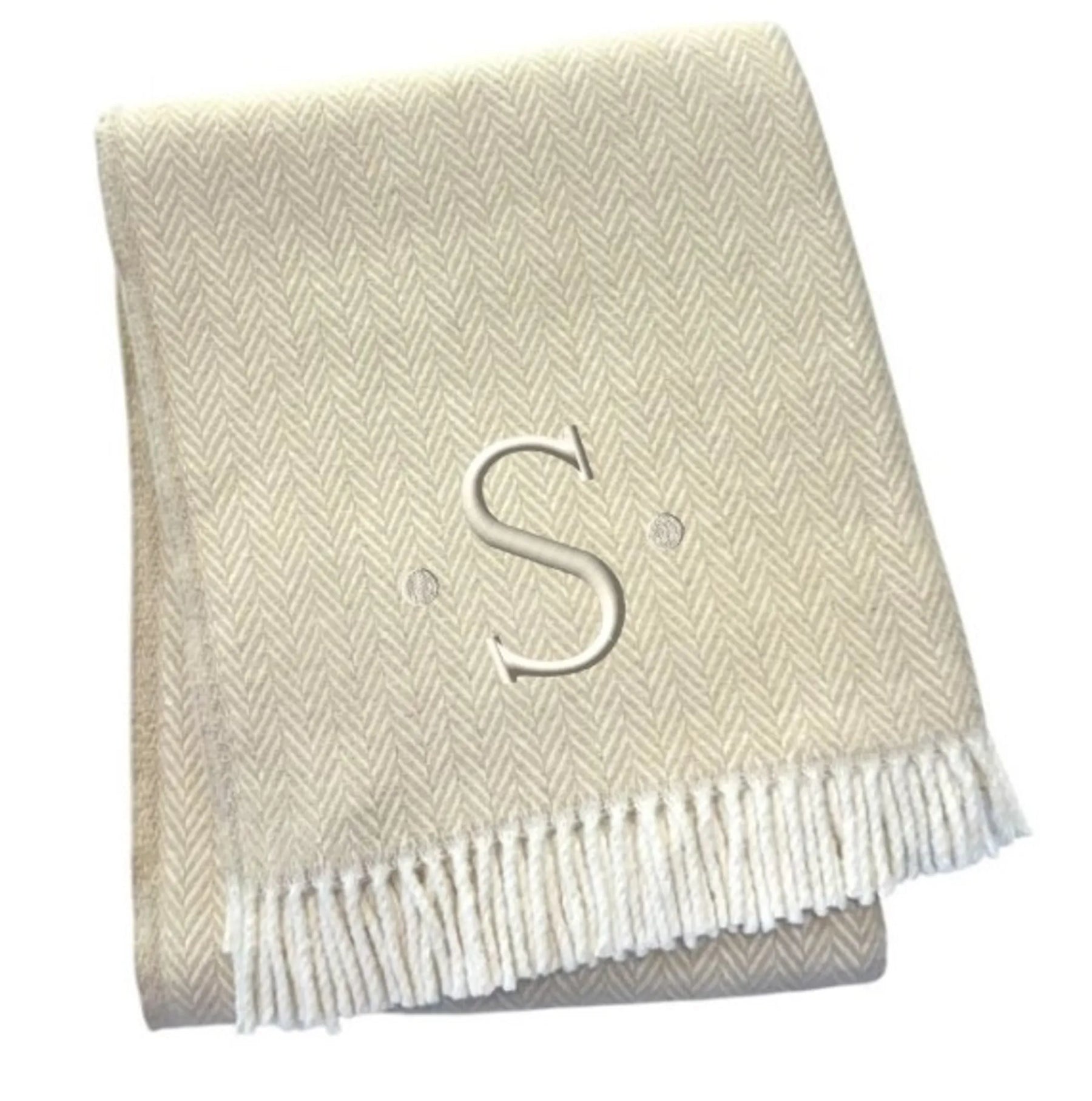 Herringbone Cotton Blend S Initial Throw Blanket with Tassels And Embroidery — view 3