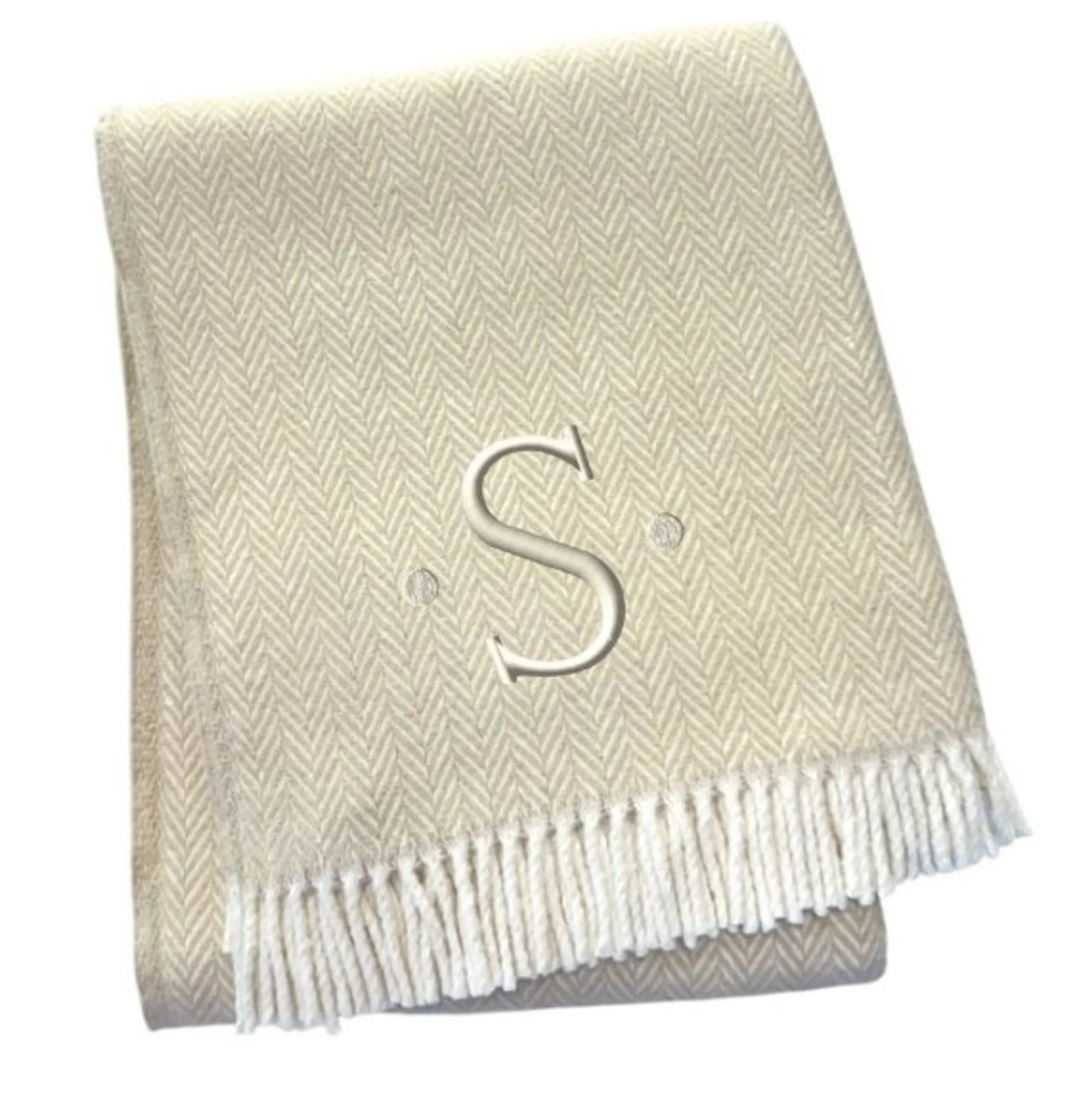 Herringbone Cotton Blend S Initial Throw Blanket with Tassels And Embroidery — view 3