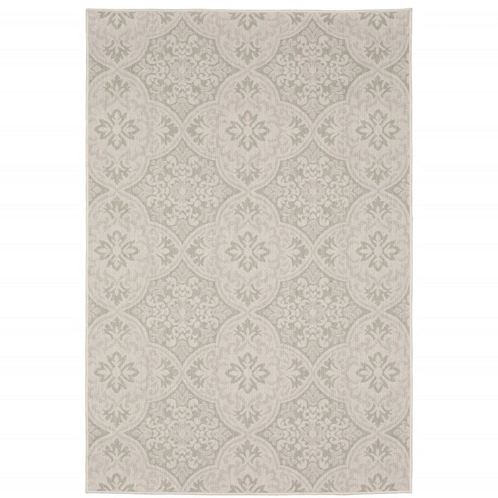 7′ X 9′ Gray and Ivory Floral Stain Resistant Indoor Outdoor Area Rug