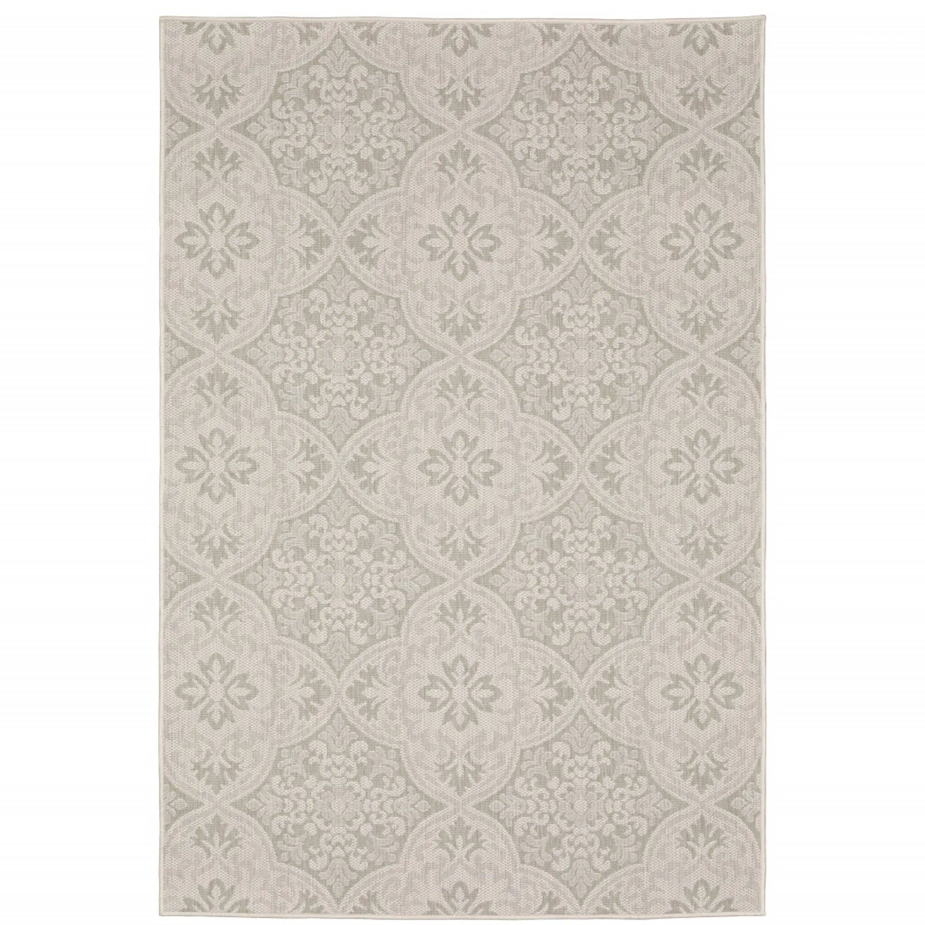 7′ X 9′ Gray and Ivory Floral Stain Resistant Indoor Outdoor Area Rug