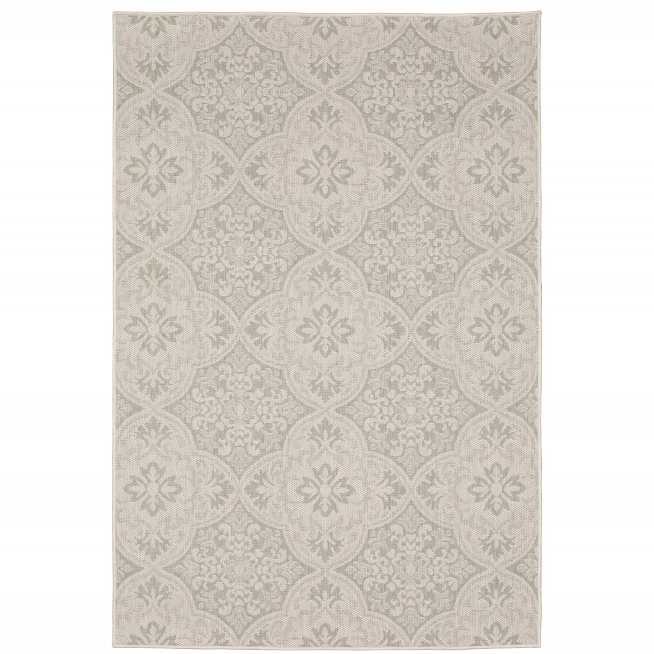 7′ X 9′ Gray and Ivory Floral Stain Resistant Indoor Outdoor Area Rug