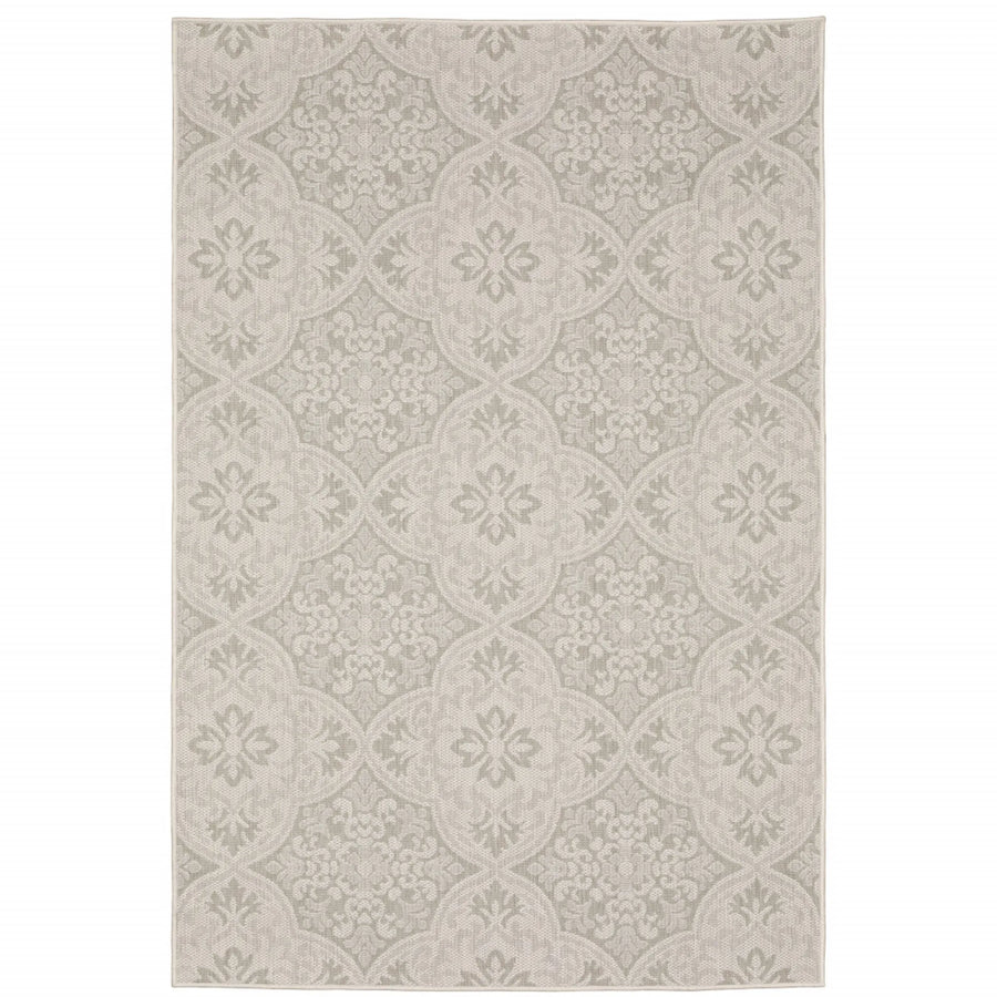 7′ X 9′ Gray and Ivory Floral Stain Resistant Indoor Outdoor Area Rug