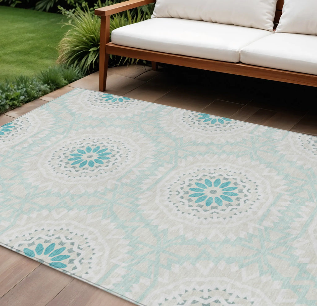 10′ X 14′ Teal Blue Beige And Ivory Floral Medallion Washable Indoor Outdoor Area Rug