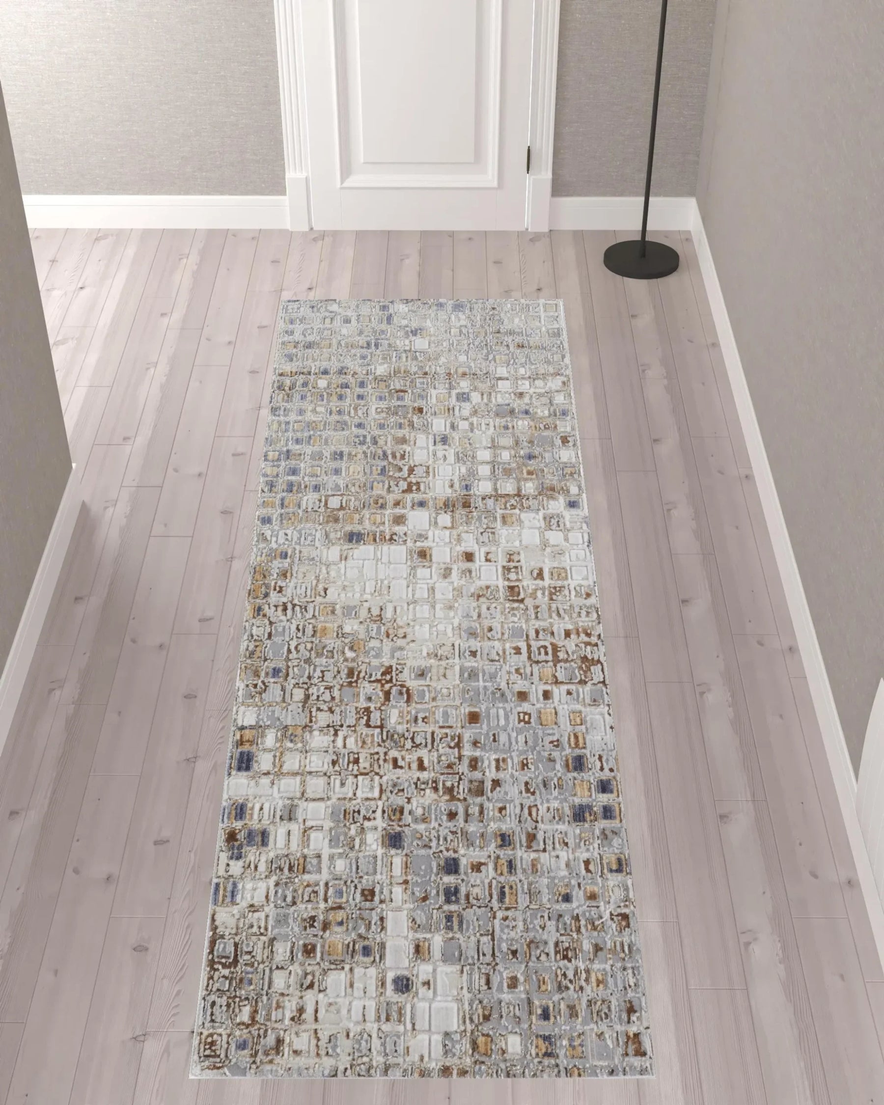 10′ Tan Ivory And Blue Geometric Power Loom Distressed Runner Rug — view 2