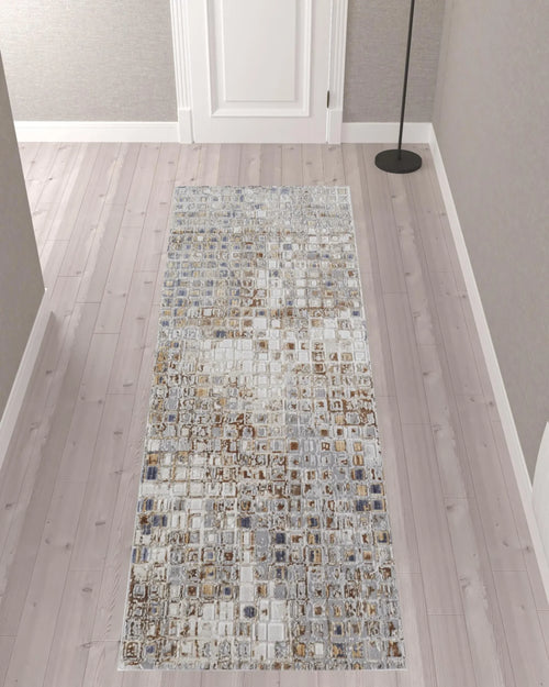 10′ Tan Ivory And Blue Geometric Power Loom Distressed Runner Rug — view 2